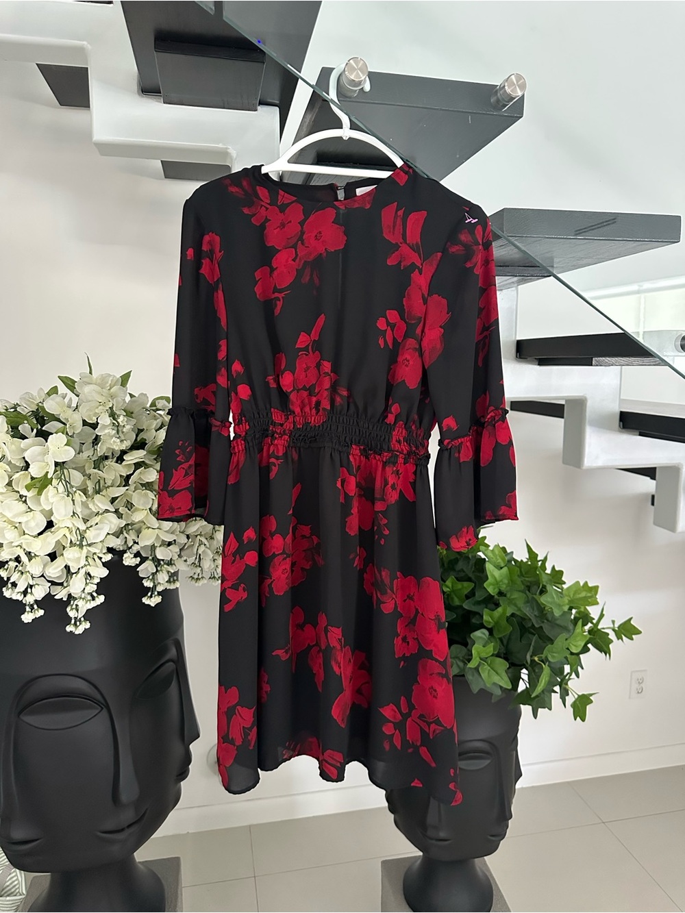 H&M Black Dress with Red Floral Print, Long Sleeve